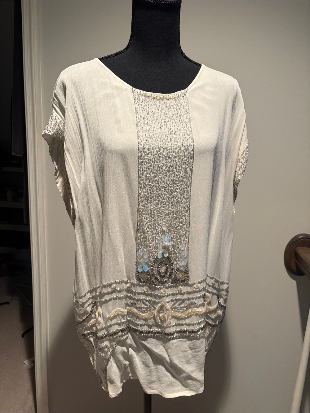 Anthropologie 1X Ivory Beaded Embellished Tunic